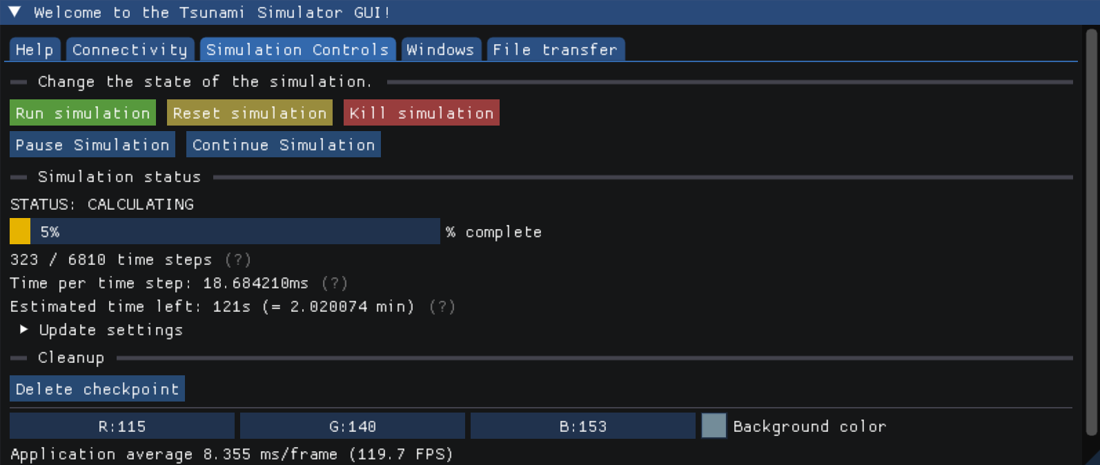 The simulation controls tab of the GUI