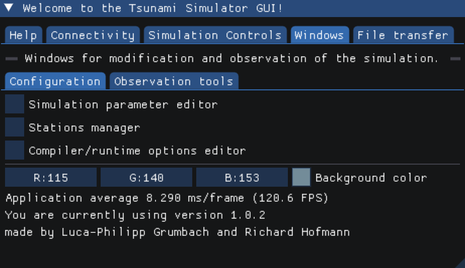 Configuration windows inside the windows tab of the GUI